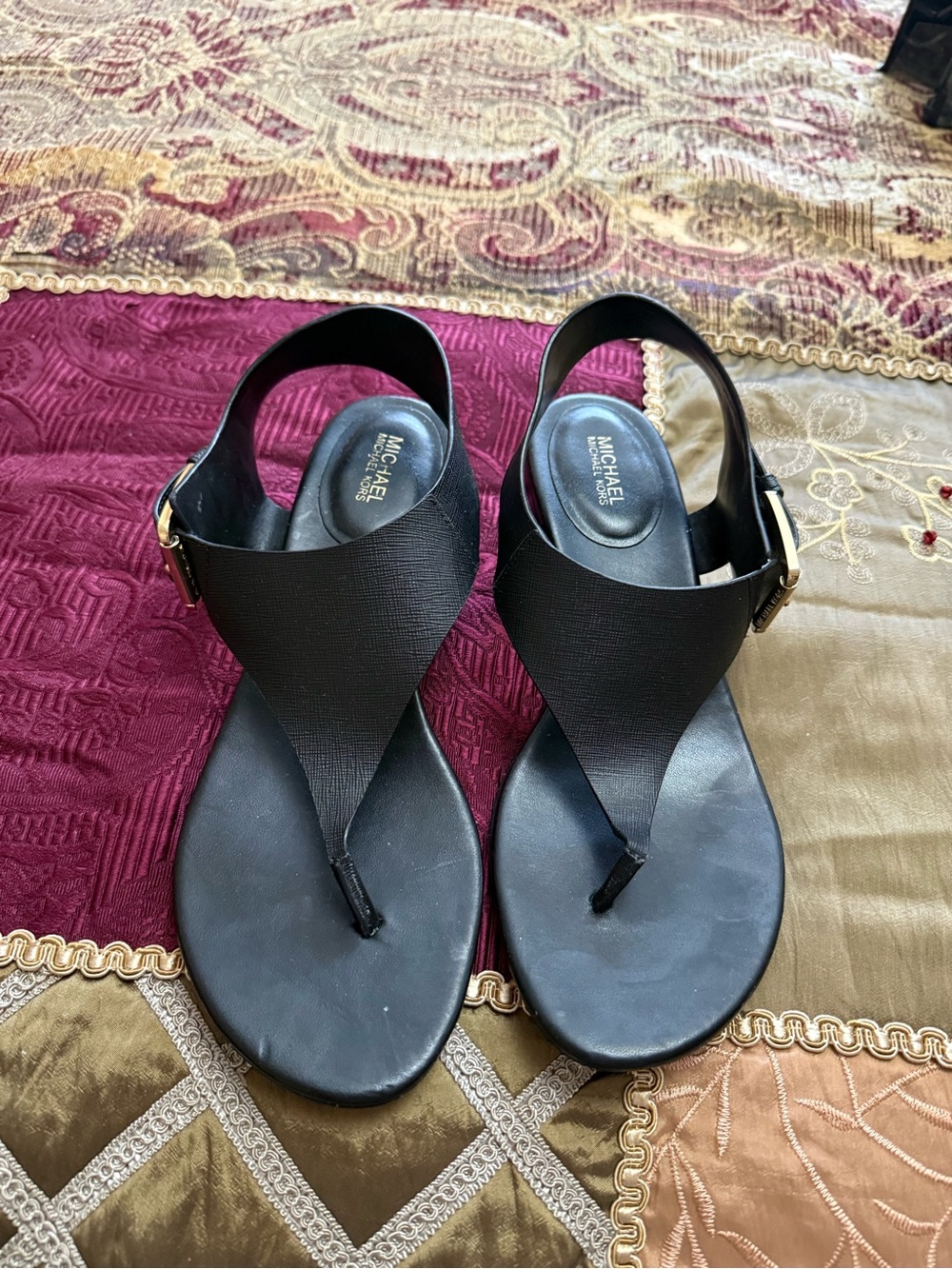 Michael Kors Black T-strap Leather Sandals with Gold Buckle